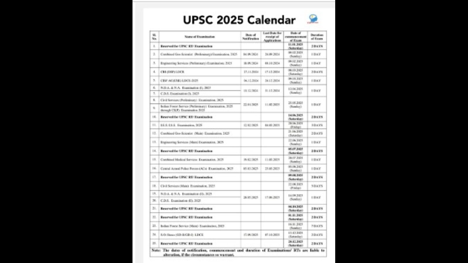 UPSC CSE Calendar 2025